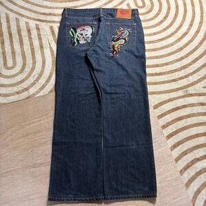 GRAIL ED HARDY • W40 L34 SKULL SNAKE EMBROIDERY JEANS